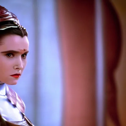 Prompt: princess amidala played by Carrie Fisher, movie still, cinematic,