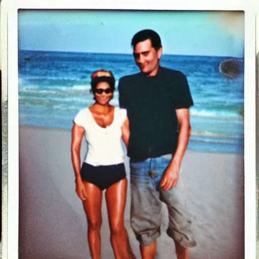 Prompt: found polaroid of my parents at beach, who look exactly like Halle Berry and Ted Cruz