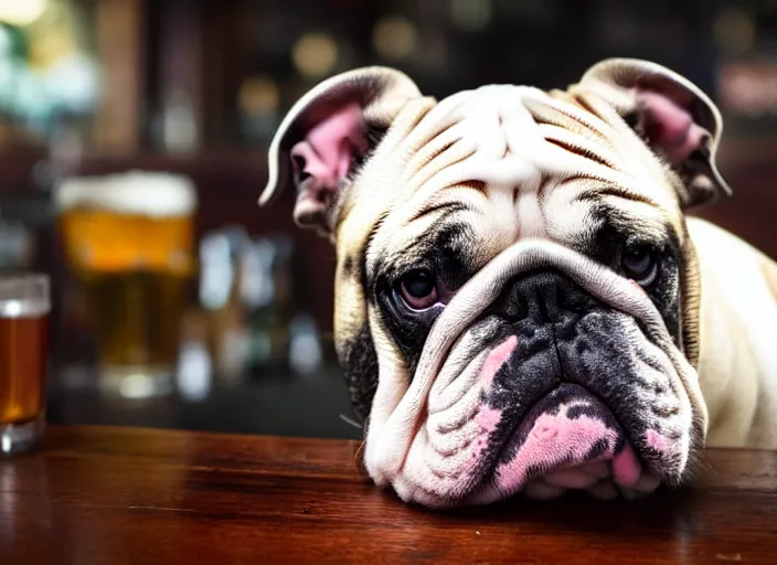 Image similar to a closeup, 4 5 mm, detailed photograph of a english bulldog holding a beer on a bar - stool, sitting at a bar on a bar - stool, beautiful low light, 4 5 mm, by franz lanting