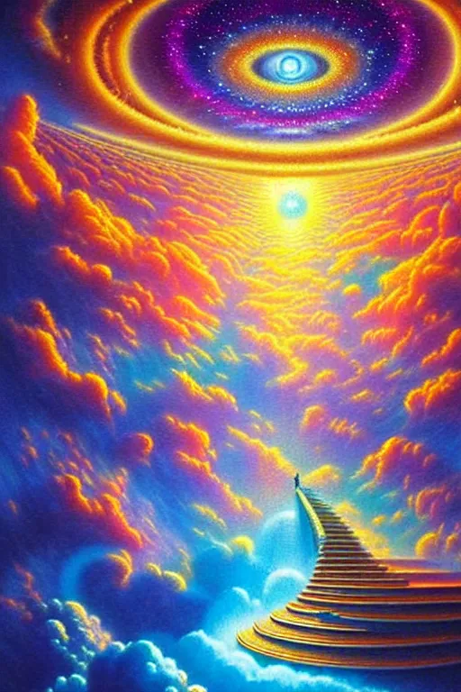 Prompt: a photorealistic detailed cinematic image of a beautiful vibrant iridescent future for human evolution, blissful dream, spiritual science, divinity, utopian, beautiful beings, memories of life, enlightenment, cumulus clouds, ornate spiral stairs, isometric, by pinterest, david a. hardy, kinkade, lisa frank, wpa, public works mural, socialist