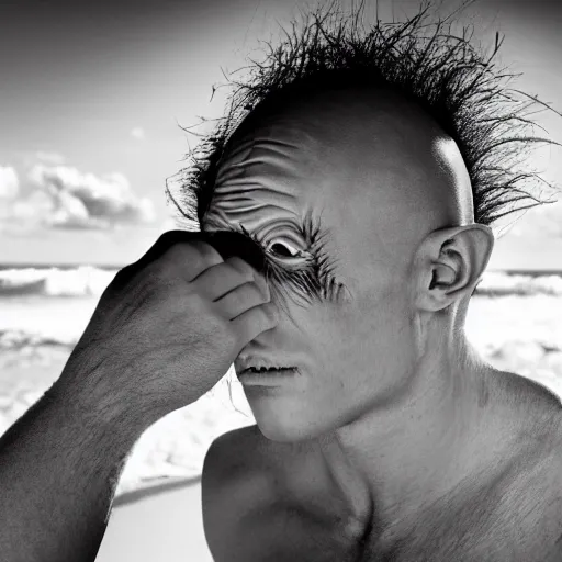 Prompt: portrait nosferatu applying sunscreen on his body on the beach, realistic detailed photography