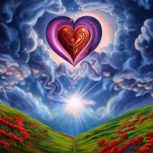 Prompt: a detailed fantasy painting of romantic hearts in the sky and big broccolis floating in the sky, by lauri blank, artgerm, evelyn de morgan, 8K, 50mm lens