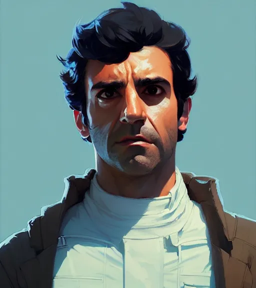 Prompt: portrait of poe dameron by atey ghailan, by greg rutkowski, by greg tocchini, by james gilleard, by joe fenton, by kaethe butcher, dynamic lighting, gradient light blue, brown, blonde cream and white color scheme, grunge aesthetic