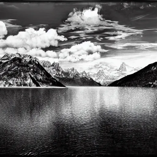 Image similar to lago di sorapis, hyper - realistic black and white drawing, hyper detailed, extreme long shot, in the style of den yakovelv