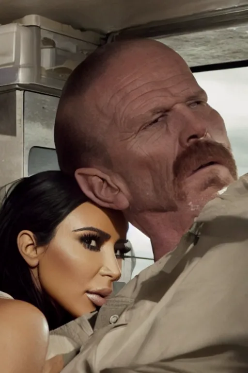 Image similar to film still of kim kardashian put in a headlock by walter white, inside an old rv on the tv show breaking bad, full-shot, 4k