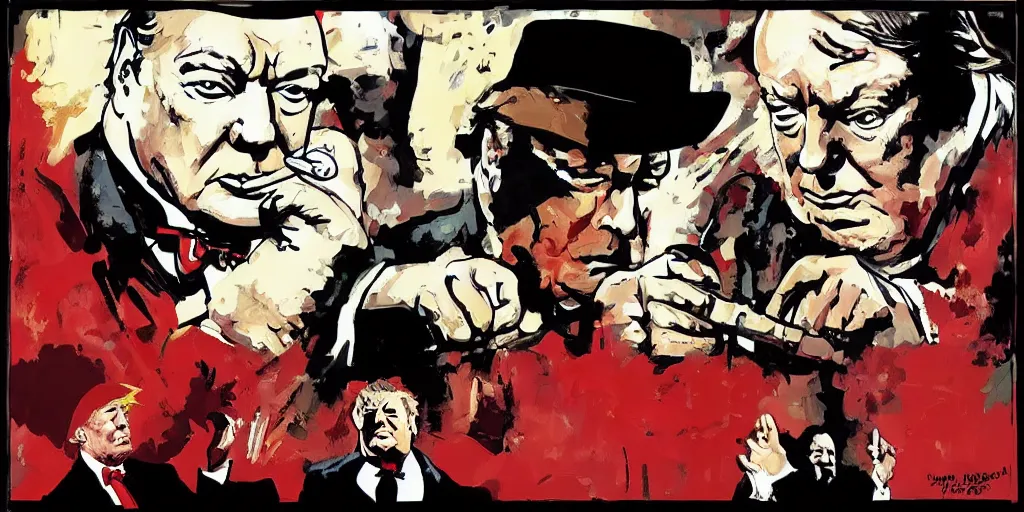 Image similar to Winston Churchill teaching Trump karate. Epic painting by James Gurney and Laurie Greasley.