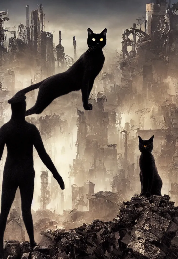 Prompt: A black cat standing on a rock, in the background is a destroyed dystopian city with mist, steampunk, digital art, very detailed, movie poster made by drew struzan, realistic