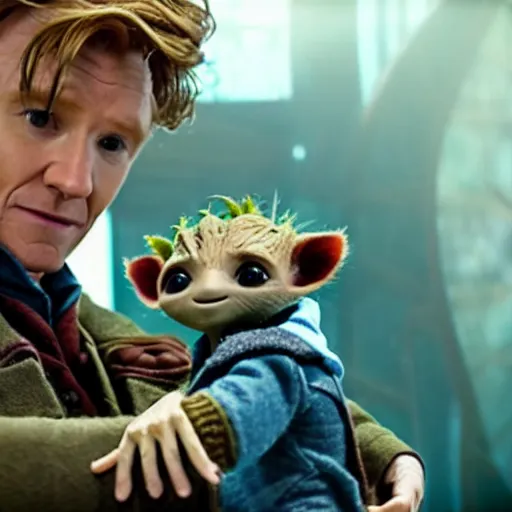 Image similar to newt scamander taking care of baby groot from guardians of the galaxy