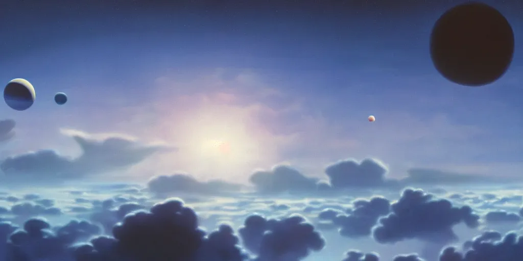 Image similar to blue dreamy cloudscape with a single planet in the clouds, daylight, cinematic lighting, cinematic perspective, syd mead, john harris, federico pelat,