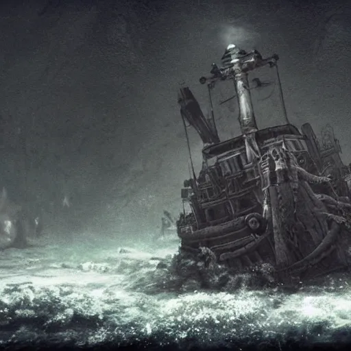 Image similar to an old ship on the bottom of the ocean that sunk long ago. mysterious, intimidating, haunted. horror movie screencap. epic. trending on artstation