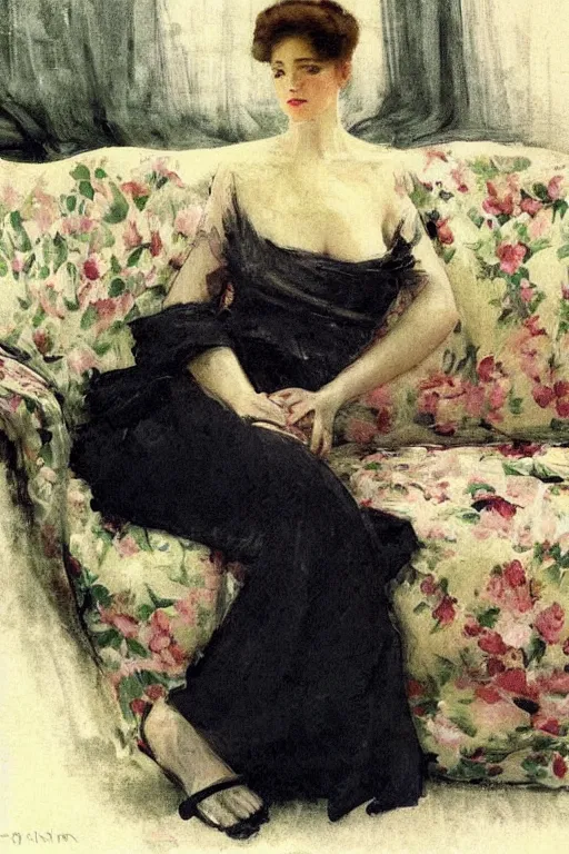 Image similar to european woman in a gown relaxing on couch, bloom flowers, modern, eclectic, illustration, by ramon casas