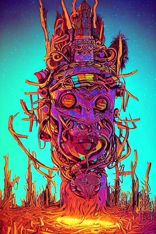 Image similar to totem animal tribal chaman vodoo mask feather gemstone plant wood rock video game illustration vivid color borderlands by josan gonzales and dan mumford radiating a glowing aura