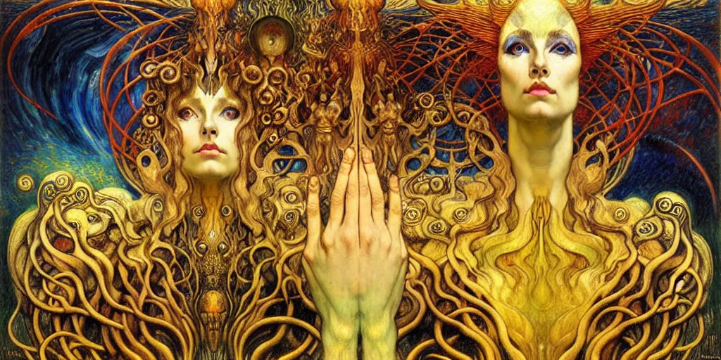 Image similar to Divine Chaos Engine by Karol Bak, Jean Delville, William Blake, Gustav Klimt, and Vincent Van Gogh, symbolist, visionary