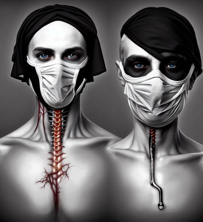 Prompt: white man with black fabric medical mask, short dark hair, highly detailed face!!!, true anatomy!, extremely detailed!, digital painting, unreal engine 5, art by tom bagshaw