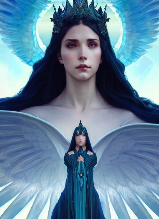 Image similar to a beautiful cinematic female archangel queen, fantasy sea landscape, fantasy magic, short aqua blue black fade hair, dark light night, intricate, elegant, sharp focus, illustration, highly detailed, digital painting, concept art, matte, art by WLOP and Artgerm and Greg Rutkowski and Alphonse Mucha, masterpiece