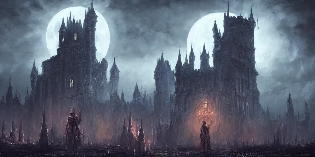 Prompt: huge castle from bloodborne, gothic art, dark fantasy, concept art, digital painting, trending on art station, night time render, moon light, god rays, highly detailed