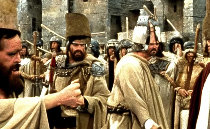 Image similar to a still from monty python's life of brian ( 1 9 7 9 ) with bernie sanders