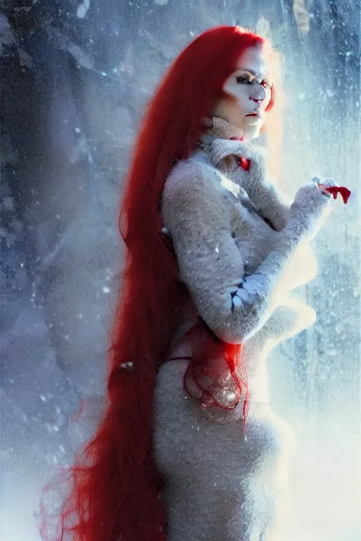 Prompt: beautiful vampire long red hair in a white woollen turtleneck dress, pointing at a small blue shin godzilla, portrait dnd, painting by gaston bussiere, craig mullins, greg rutkowski, yoji shinkawa