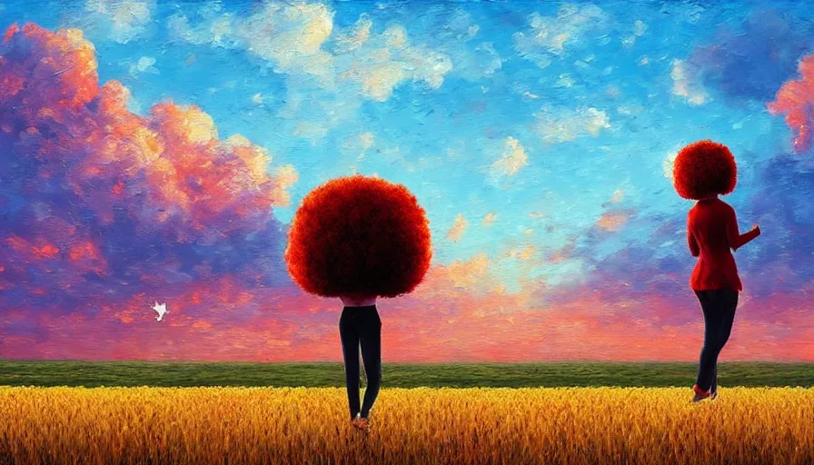 Image similar to giant red carnation afro head, full body, girl watching sunset, empty wheat field, surreal photography, colorful clouds, tree, impressionist painting, colorful clouds, digital painting, pointillism, artstation, simon stalenhag