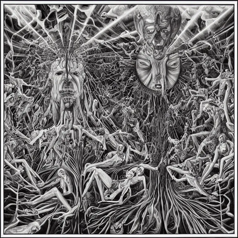 Image similar to transformation through death by Alex Grey and M. C. Escher collaboration