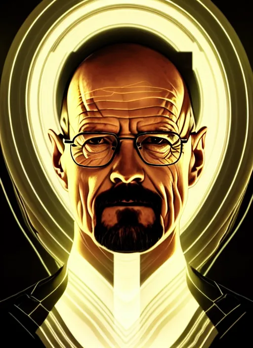 Image similar to symmetry portrait of walter white, glowing lights intricate, elegant, highly detailed, digital painting, artstation, concept art, smooth, sharp focus, illustration, art by artgerm and greg rutkowski and alphonse mucha