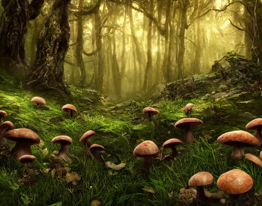 Image similar to eldritch mushrooms in forest, realistic, beautiful texture, beautiful graphics, fantasy artwork, very beautiful scenery, hd, hdr, ue 5, ue 6, unreal engine 5, cinematic 4 k wallpaper, 8 k, ultra detailed