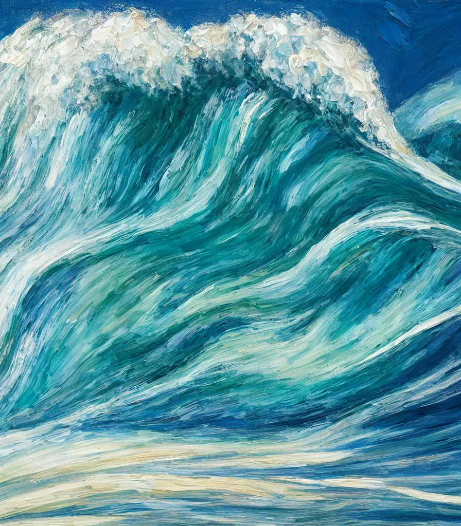 Image similar to an impasto oil painting of a beautiful barreling wave af pipeline in hawaii, traidic color scheme, high detail, breathtaking wave, modern art, abstract art, soft colors