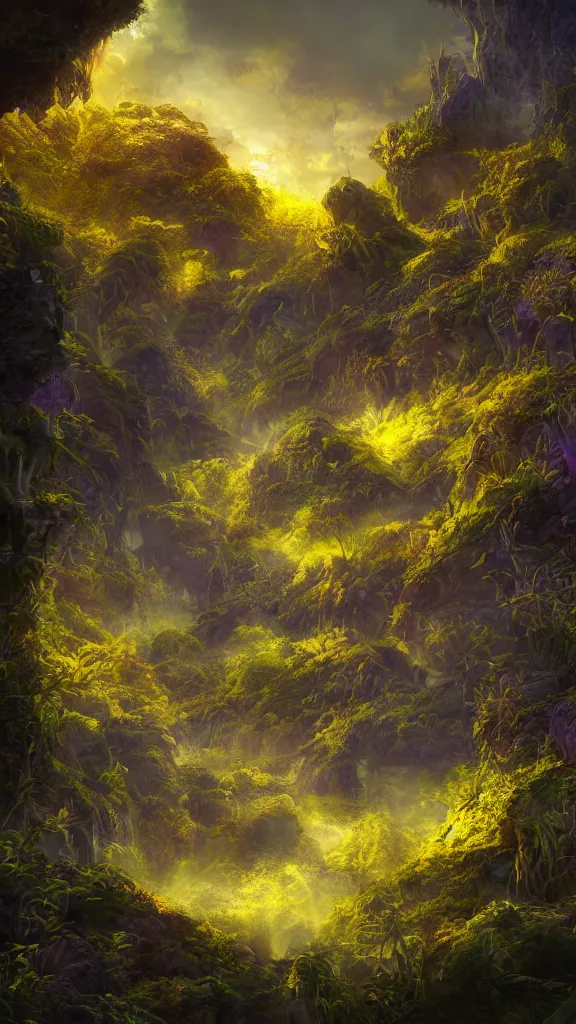 Image similar to a 3D render of a fantasy scenery artwork, yellow-tinted with a hint of purple, thriving ecosystem, wide-angle, high contrast, highly detailed, sharp focus, digital painting, 3D art, illustration, trending on artstation,