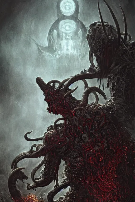 Prompt: Elden Ring and Doom themed painting of satanic goat lord hybrid cyborg, dark fantasy matte painting movie poster, golden ratio, trending on cgsociety, intricate, majestic, dark epic fantasy, trending on artstation, by H.R. Giger and Zdizslaw Beksinski, highly detailed, vibrant, cinematic quality character render; low angle; ultra high quality model; production quality cinema model