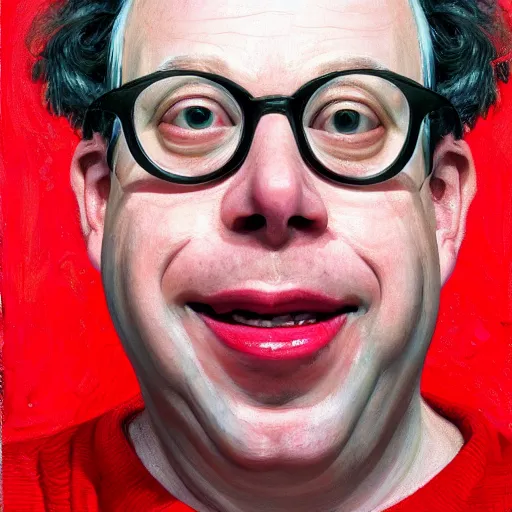 Image similar to high quality high detail painting of todd solondz portrait, happy, showing strong content, pleasure, or fun ; full of joy, by lucian freud and francis bacon, hd, photorealistic lighting