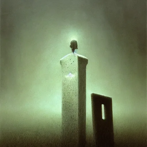 Prompt: arm reaching out of thick fog, headstones, zdzislaw beksinski