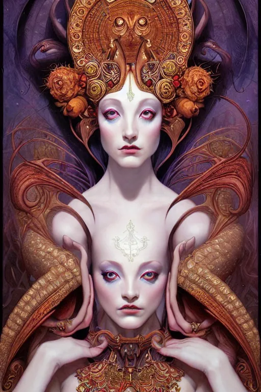 Image similar to symmetrical painting, a beautiful female god in dress, pretty, perfect face, elegant, ornate, luxury, elite, matte painting, by artgrem, by james jean, by brian froud, by wayne barlowe