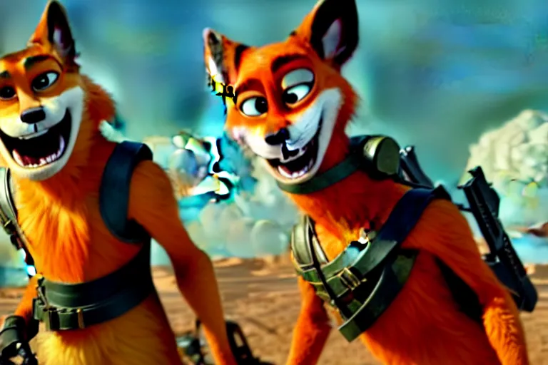 Image similar to nick wilde, heavily armed and armored facing down armageddon in a dark and gritty reboot from the makers of mad max : fury road : witness me