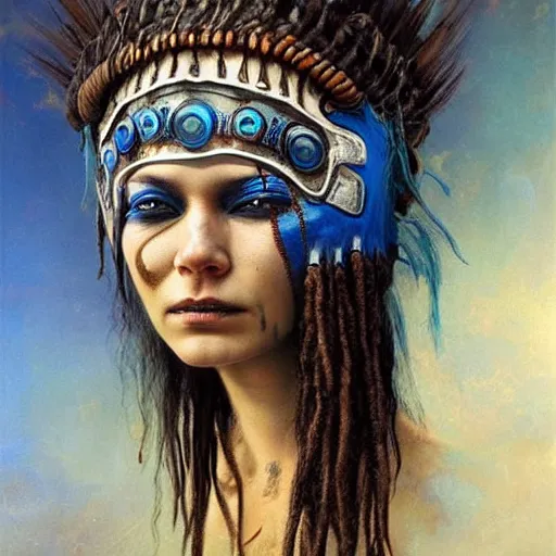 Image similar to A young blindfolded shaman woman with a decorated headband, in the style of heilung, blue hair dreadlocks and wood on her head., made by karol bak