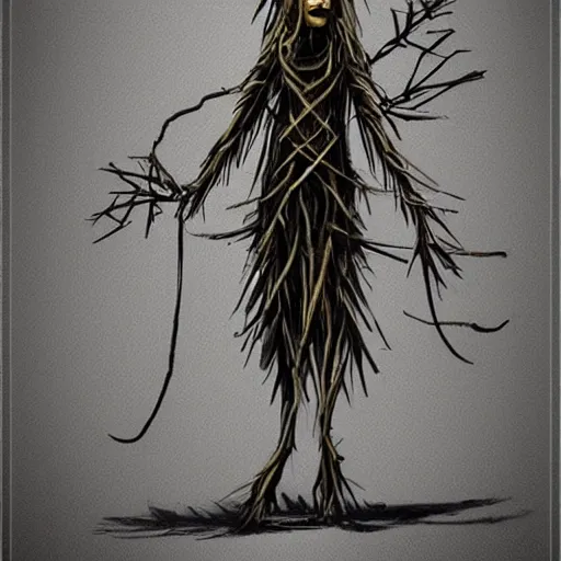 Image similar to concept art of a scary female scarecrow made of twigs metal bars and old clothes