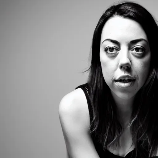 Prompt: portrait of Aubrey Plaza, high resolution 8k, modeling, black and white, 50mm lens, happy, dazzling,