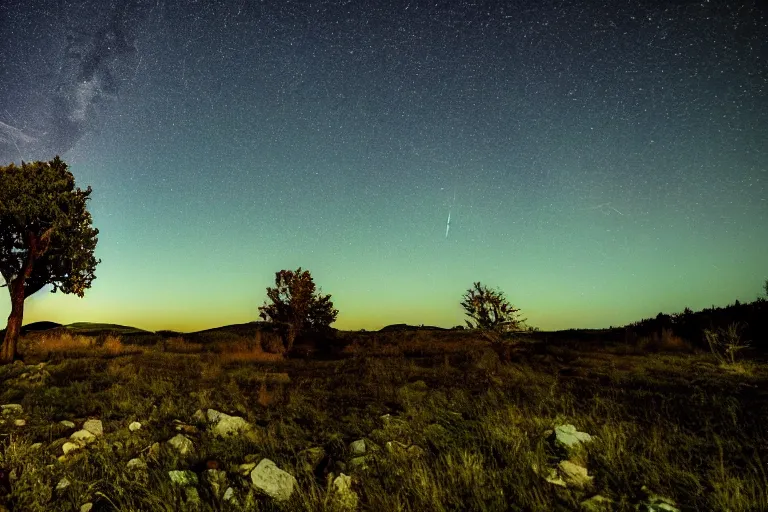 Prompt: a night sky photo during a heavy perseid meteor shower. a withered tree is in the foreground. a very detailed 4 k space photo. sence of awe, featured on flickr