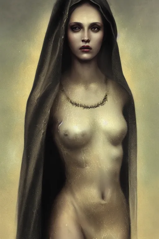 Prompt: Ultra realistic and ultra intricate detailed soft painting of a beautiful slim curvy female demonic nun in revealing religious dress, thin lustrous hair, symmetry features, sensual gloomy style, soft painting, volumetric clouds, fantasy background, artstation, Tom Bagshaw artstyle, unreal render, depth of field