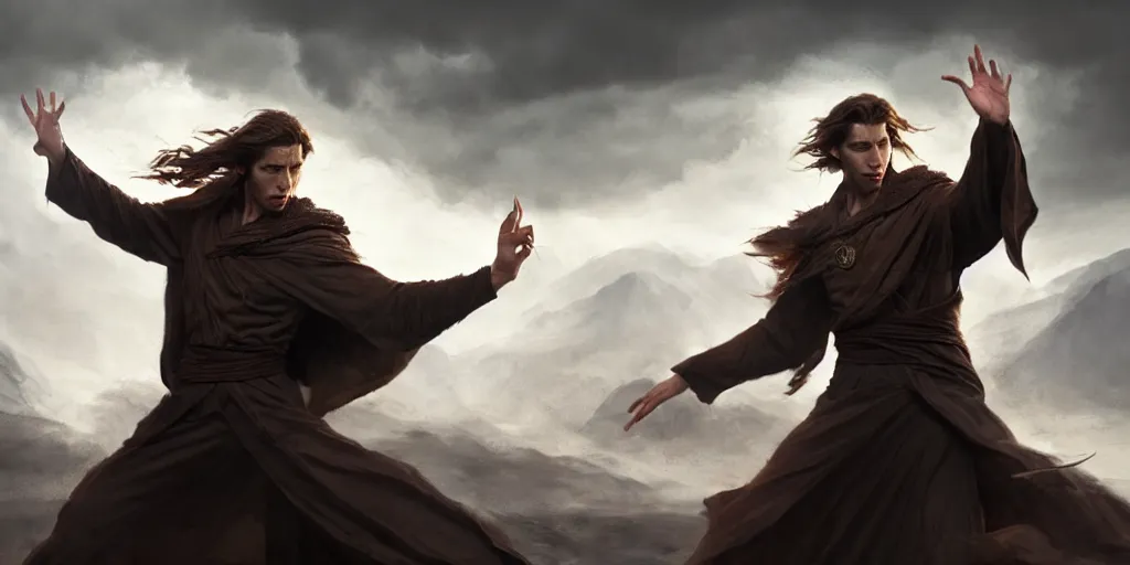 Image similar to dramatic scene of a handsome caucasian male sorcerer with brown hair, he is casting a spell that is emanating from his hands, action pose, medium shot, waist up, epic composition, post processing, concept art, by greg rutkowski