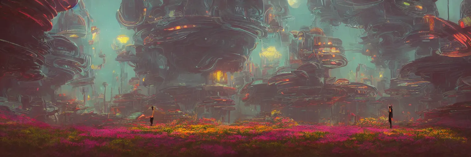 Image similar to beautiful low angle painting of an alien world with sleek architecture, steampunk, ground made of multicolour flowers, neon lights, a tiny girl watching on, in the style of shaun tan, elegant, highly detailed, digital painting, artstation, cinematic lighting, glowing light and shadows, trending on artstation, octane render