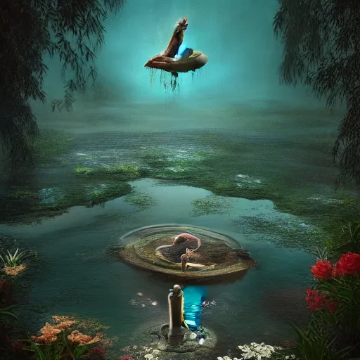 Image similar to beautiful symmetrical an old silent pond angels jump into the pond splash! silence again, surrounded by machine axonometric fantasy intricate elegant highly detailed in volumetric void of latent space lush flowers surround, realm of the gods golden turquoise steampunk, high contrast cinematic light, mystical shadows, octane render, photographic, concept art, art high renaissance art, unreal engine 8 k