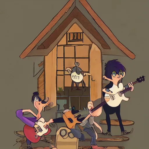 Prompt: rats playing in a rock band inspired by the beatles, inside a wooden house, style by disney, studio ghibli, pixar, intricate, highly detailed, digital painting, artstation, concept art, 7 0 s pallete, high quality, trending on artstation