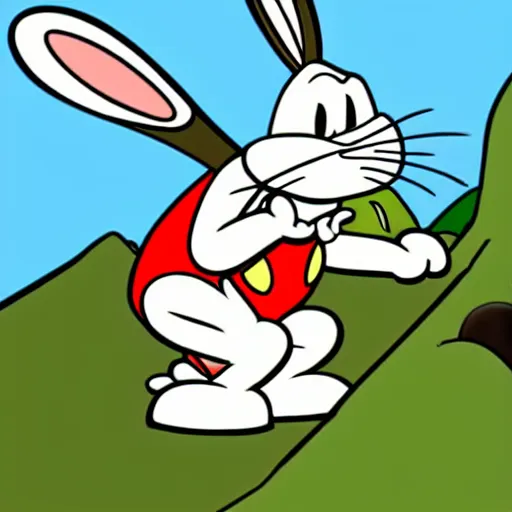 Image similar to bugs bunny being stalked and eaten by a mountain lion, animated, old cartoon style