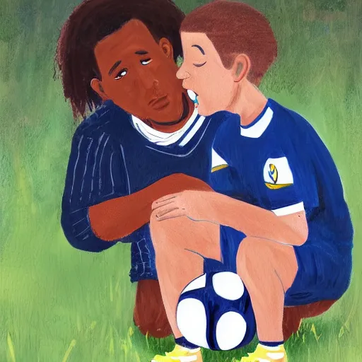 Image similar to small mixed race child being told he isn't good enough to play for leeds his dad is consoling him crying. art station,