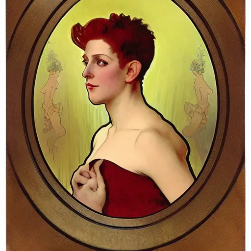 Prompt: portrait of a nonbinary actor with tanned skin and spiky short red hair wearing a men's suit, she has elf ears and gold eyes, by Alphonse Mucha and Grant Wood