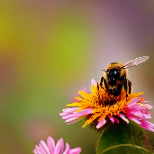 Image similar to a bee trying to reach a flower in a forest on fire, beautiful macro photography, ambient light