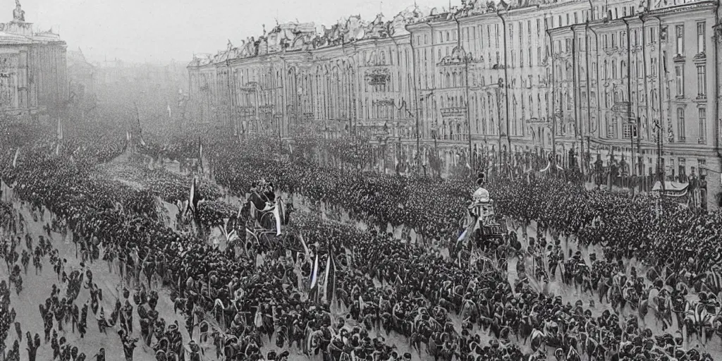 Image similar to Tzar parade in 1914 in summer, Saint Petersburg, morning, trending on Artstation