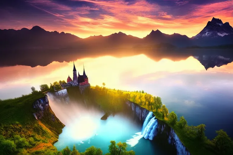 Image similar to Gediminas Pranckevicius amazing landscape photo of mountains with lake and castle on top of a waterfall at infinite view at sunset by marc adamus beautiful dramatic lighting very detailed 8k wallpaper,