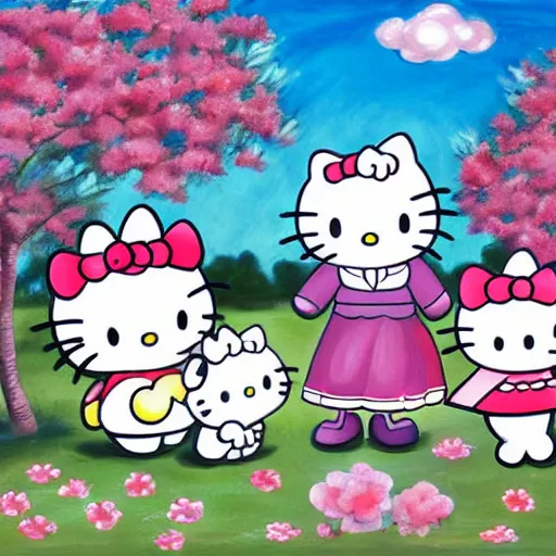 Prompt: painting of hello kitty and cinnamoroll and kuromi and my melo playing outside on a sunny day, by yoko shimizu, by sanrio