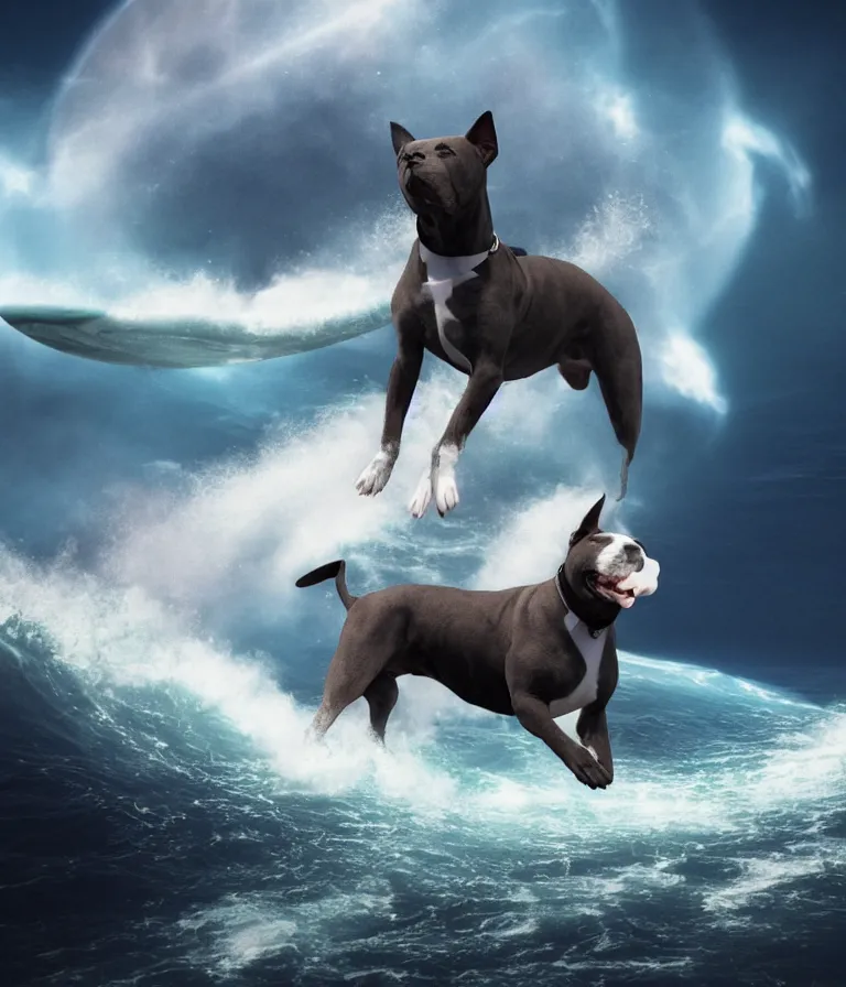 Image similar to photo of a dark gray coat pit bull with a white paws and a white nose!, surfing on a surfboard in a crashing wave of alien ocean in space, background is an alien galaxy, aliens in the background, alien colors, octane render, unreal engine, wide view, 8 k, highly detailed